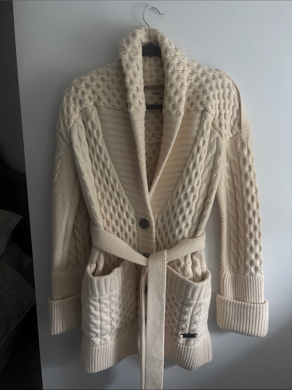 Burberry Cream Cable-Knit Shawl-Collar Belted Cardigan